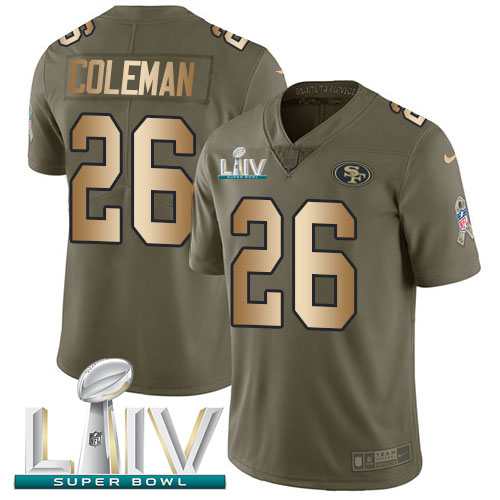 San Francisco 49ers #26 Tevin Coleman Olive/Gold Super Bowl LIV 2020 Men's Stitched Limited 2017 Salute To Service Jersey Men's cheap jerseys for sale - CheapJerseys.Shop