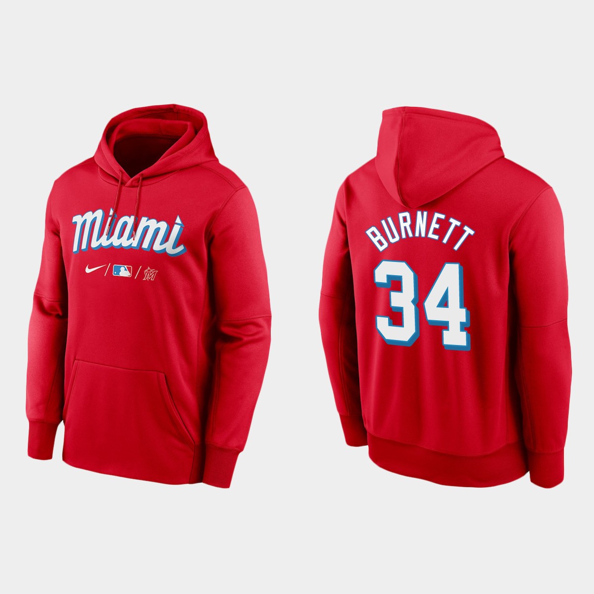 Miami Marlins #34 A.J. Burnett Men's 2021 City Connect Therma Hoodie Red cheap jerseys for sale - CheapJerseys.Shop