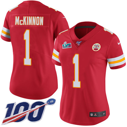 Chiefs #1 Jerick McKinnon Red Team Color Super Bowl LVII Patch Women's Stitched 100th Season Vapor Limited Jersey cheap jerseys for sale - CheapJerseys.Shop
