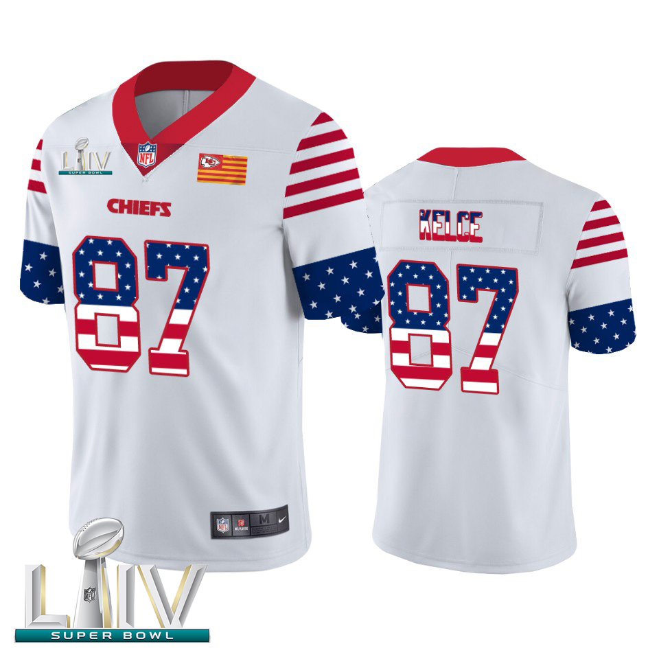 Kansas City Chiefs #87 Travis Kelce White Super Bowl LIV 2020 Men's Team Logo USA Flag Vapor Untouchable Limited Jersey cheap jerseys for sale - CheapJerseys.Shop