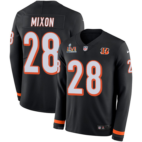 Bengals #28 Joe Mixon Black Team Color Super Bowl LVI Patch Youth Stitched Limited Therma Long Sleeve Jersey cheap jerseys for sale - CheapJerseys.Shop