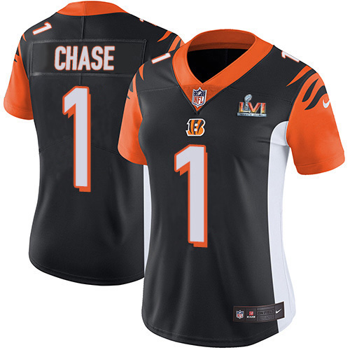 Bengals #1 Ja'Marr Chase Black Team Color Super Bowl LVI Patch Women's Stitched Vapor Untouchable Limited Jersey cheap jerseys for sale - CheapJerseys.Shop