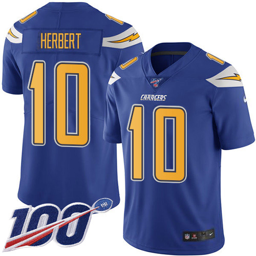 Chargers #10 Justin Herbert Electric Blue Men's Stitched Limited Rush 100th Season Jersey cheap jerseys for sale - CheapJerseys.Shop