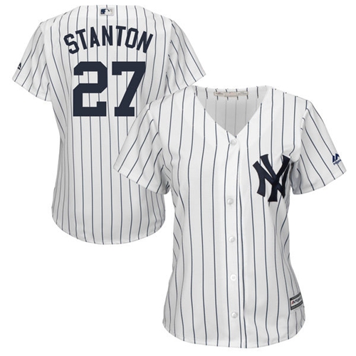 New York Yankees #27 Giancarlo Stanton White Strip Home Women's Stitched Jersey Womens cheap jerseys for sale - CheapJerseys.Shop