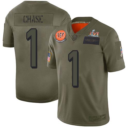 Bengals #1 Ja'Marr Chase Camo Super Bowl LVI Patch Men's Stitched Limited 2019 Salute To Service Jersey cheap jerseys for sale - CheapJerseys.Shop