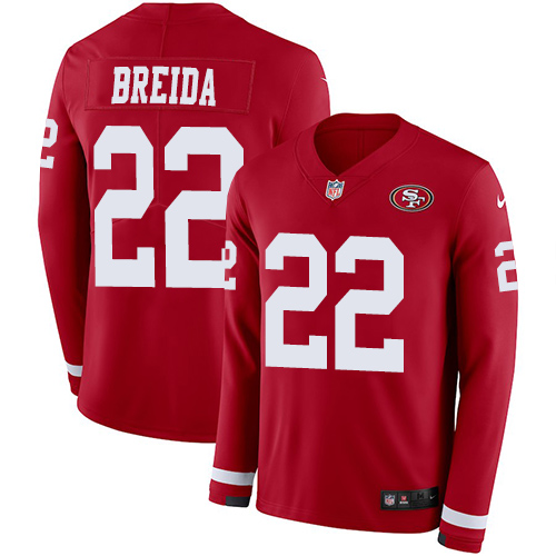 San Francisco 49ers #22 Matt Breida Red Team Color Youth Stitched Limited Therma Long Sleeve Jersey Youth cheap jerseys for sale - CheapJerseys.Shop