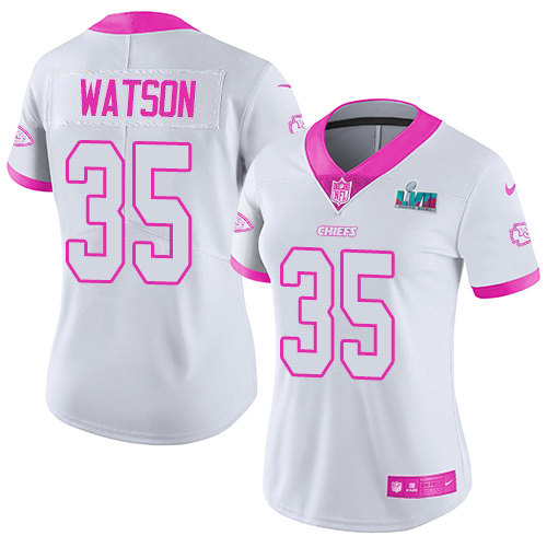 Chiefs #35 Jaylen Watson White/Pink Super Bowl LVII Patch Women's Stitched Limited Rush Fashion Jersey cheap jerseys for sale - CheapJerseys.Shop