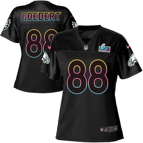 Eagles #88 Dallas Goedert Black Super Bowl LVII Patch Women's Fashion Game Jersey cheap jerseys for sale - CheapJerseys.Shop