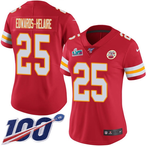 Chiefs #25 Clyde Edwards-Helaire Red Team Color Super Bowl LVII Patch Women's Stitched 100th Season Vapor Limited Jersey cheap jerseys for sale - CheapJerseys.Shop