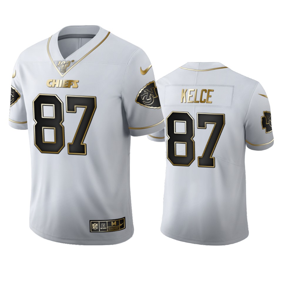 Kansas City Chiefs #87 Travis Kelce Men's White Golden Edition Vapor Limited 100 Jersey cheap jerseys for sale - CheapJerseys.Shop