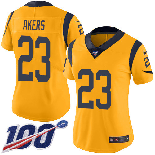 Los Angeles Rams #23 Cam Akers Gold Women's Stitched Limited Rush 100th Season Jersey Womens cheap jerseys for sale - CheapJerseys.Shop