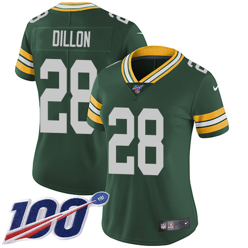 Packers #28 AJ Dillon Green Team Color Women's Stitched 100th Season Vapor Untouchable Limited Jersey cheap jerseys for sale - CheapJerseys.Shop