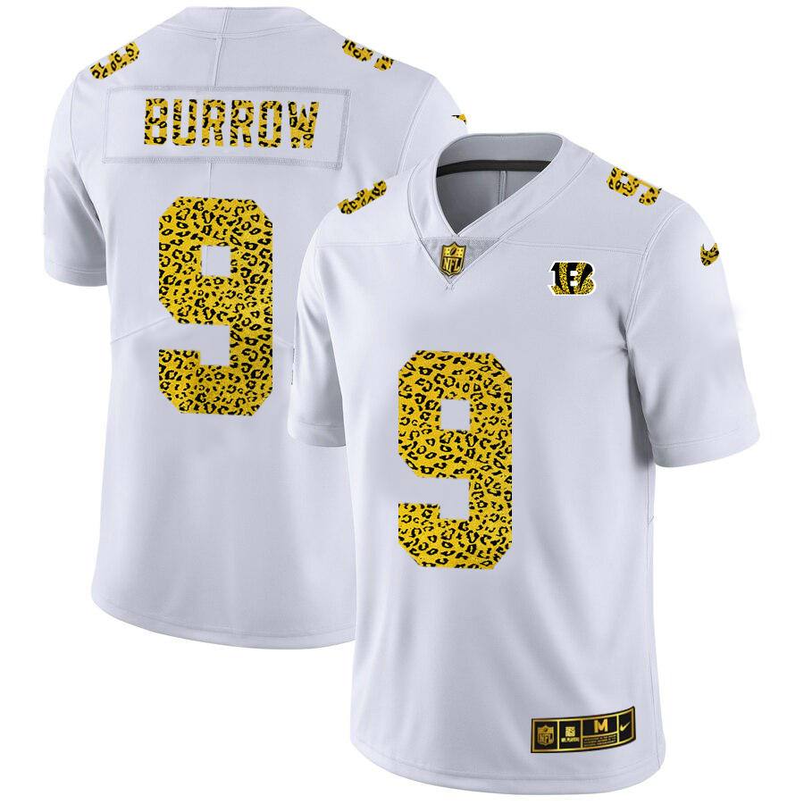 Cincinnati Bengals #9 Joe Burrow Men's Flocked Leopard Print Vapor Limited Jersey White cheap jerseys for sale - CheapJerseys.Shop