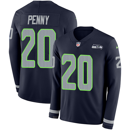 Seattle Seahawks #20 Rashaad Penny Steel Blue Team Color Men's Stitched Limited Therma Long Sleeve Jersey Men's cheap jerseys for sale - CheapJerseys.Shop