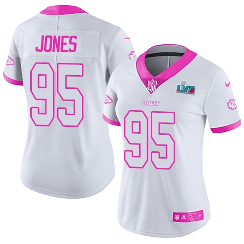 Chiefs #95 Chris Jones White/Pink Super Bowl LVII Patch Women's Stitched Limited Rush Fashion Jersey cheap jerseys for sale - CheapJerseys.Shop