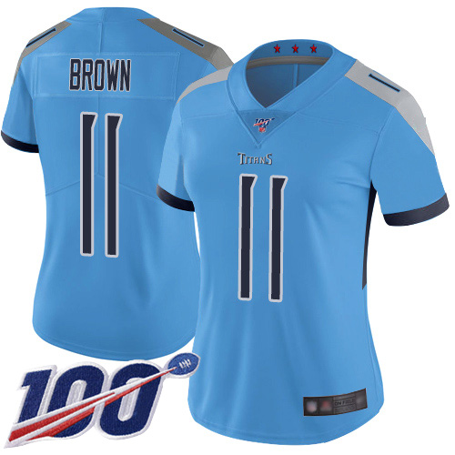 Tennessee Titans #11 A.J. Brown Light Blue Alternate Women's Stitched 100th Season Vapor Limited Jersey Womens cheap jerseys for sale - CheapJerseys.Shop