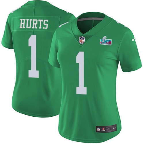 Eagles #1 Jalen Hurts Green Super Bowl LVII Patch Women's Stitched Limited Rush Jersey cheap jerseys for sale - CheapJerseys.Shop