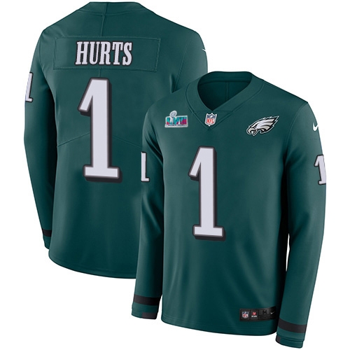 Eagles #1 Jalen Hurts Green Super Bowl LVII Patch Team Color Men's Stitched Limited Therma Long Sleeve Jersey cheap jerseys for sale - CheapJerseys.Shop