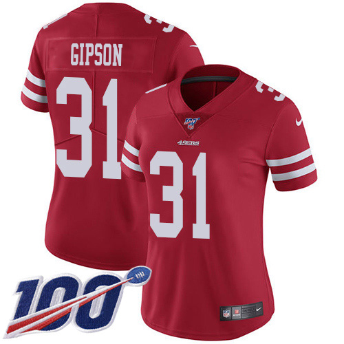 49ers #31 Tashaun Gipson Red Team Color Women's Stitched 100th Season Vapor Limited Jersey cheap jerseys for sale - CheapJerseys.Shop