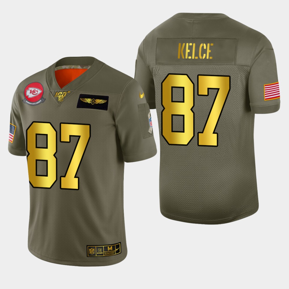 Kansas City Chiefs #87 Travis Kelce Men's Olive Gold 2019 Salute To Service Limited 100 Jersey cheap jerseys for sale - CheapJerseys.Shop