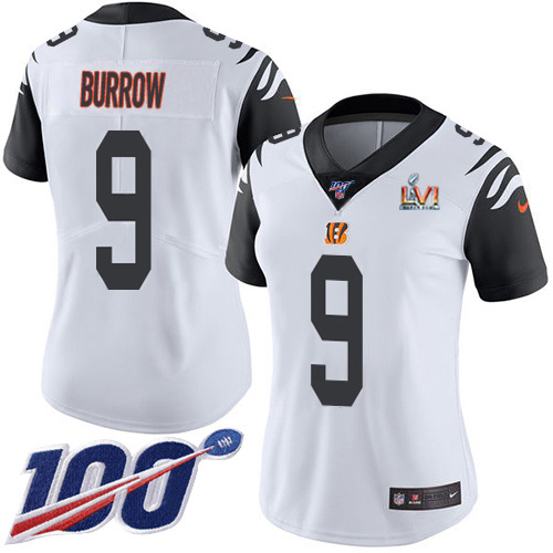 Bengals #9 Joe Burrow White Super Bowl LVI Patch Women's Stitched Limited Rush 100th Season Jersey cheap jerseys for sale - CheapJerseys.Shop