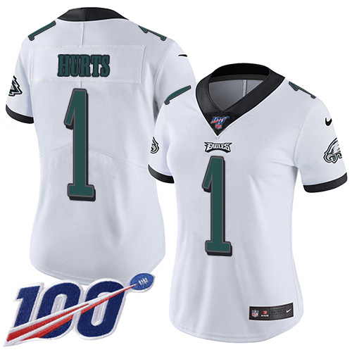 Eagles #1 Jalen Hurts White Women's Stitched 100th Season Vapor Untouchable Limited Jersey cheap jerseys for sale - CheapJerseys.Shop