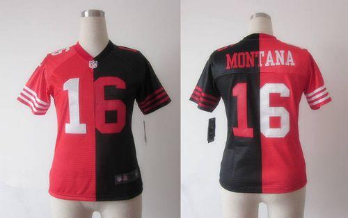 49ers #16 Joe Montana Black/Red Women's Stitched Elite Split Jersey cheap jerseys for sale - CheapJerseys.Shop