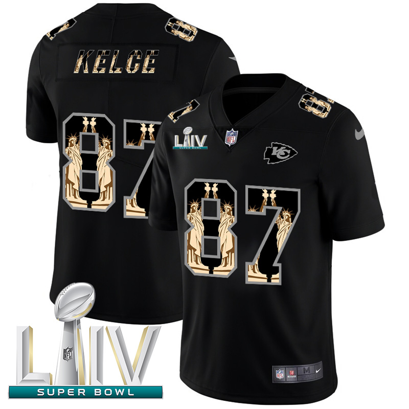 Kansas City Chiefs #87 Travis Kelce Carbon Black Super Bowl LIV 2020 Vapor Statue Of Liberty Limited Jersey cheap jerseys for sale - CheapJerseys.Shop