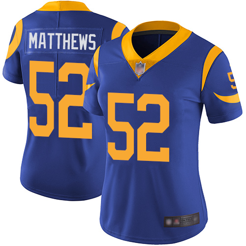 Los Angeles Rams #52 Clay Matthews Royal Blue Alternate Women's Stitched Vapor Untouchable Limited Jersey Womens cheap jerseys for sale - CheapJerseys.Shop