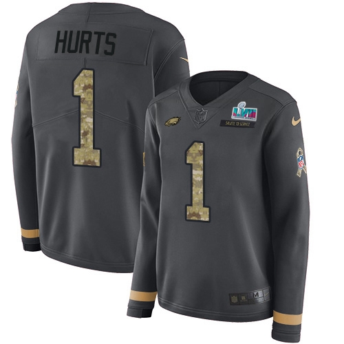 Eagles #1 Jalen Hurts Anthracite Super Bowl LVII Patch Salute To Service Women's Stitched Limited Therma Long Sleeve Jersey cheap jerseys for sale - CheapJerseys.Shop