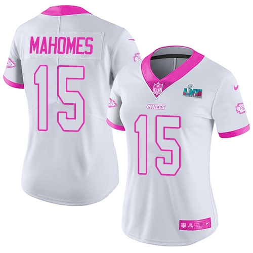 Chiefs #15 Patrick Mahomes White/Pink Super Bowl LVII Patch Women's Stitched Limited Rush Fashion Jersey cheap jerseys for sale - CheapJerseys.Shop