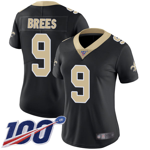Saints #9 Drew Brees Black Team Color Women's Stitched 100th Season Vapor Limited Jersey cheap jerseys for sale - CheapJerseys.Shop