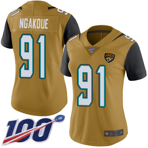 Jacksonville Jaguars #91 Yannick Ngakoue Gold Women's Stitched Limited Rush 100th Season Jersey Womens cheap jerseys for sale - CheapJerseys.Shop