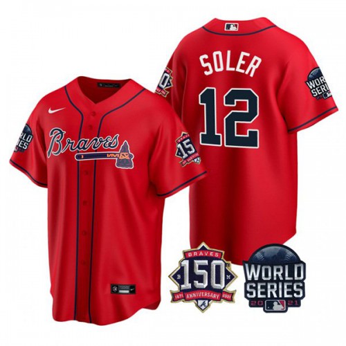 Atlanta Atlanta Braves #12 Jorge Soler Men's 150th Anniversary 2021 World Series Game Jersey - Red Men's cheap jerseys for sale - CheapJerseys.Shop