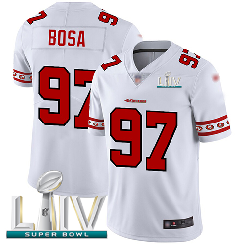 49ers #97 Nick Bosa White Super Bowl LIV 2020 Men's Stitched Limited Team Logo Fashion Jersey cheap jerseys for sale - CheapJerseys.Shop