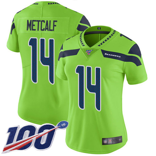 Seahawks #14 D.K. Metcalf Green Women's Stitched Limited Rush 100th Season Jersey cheap jerseys for sale - CheapJerseys.Shop
