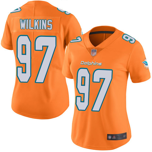 Miami Dolphins #97 Christian Wilkins Orange Women's Stitched Limited Rush Jersey Womens cheap jerseys for sale - CheapJerseys.Shop