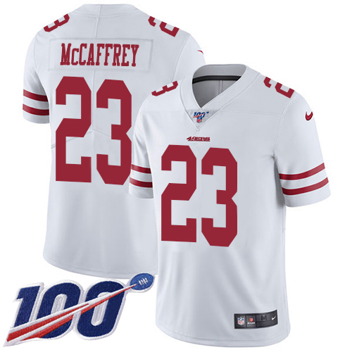 49ers #23 Christian McCaffrey White Men's Stitched 100th Season Vapor Limited Jersey cheap jerseys for sale - CheapJerseys.Shop