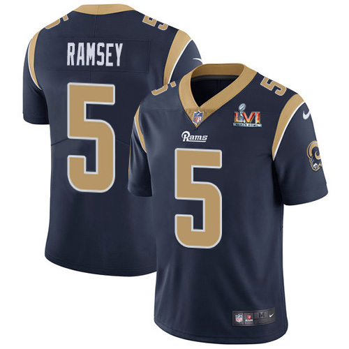 Rams #5 Jalen Ramsey Navy Blue Team Color Super Bowl LVI Patch Men's Stitched Vapor Untouchable Limited Jersey cheap jerseys for sale - CheapJerseys.Shop