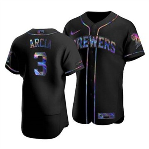 Milwaukee Milwaukee Brewers #3 Orlando Arcia Men's Iridescent Holographic Collection Jersey - Black Men's cheap jerseys for sale - CheapJerseys.Shop