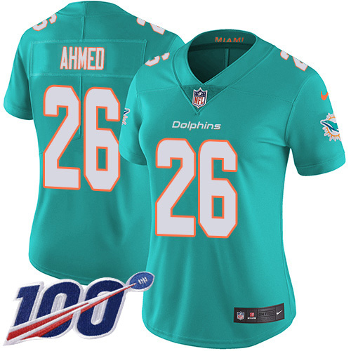 Miami Dolphins #26 Salvon Ahmed Aqua Green Team Color Women's Stitched 100th Season Vapor Untouchable Limited Jersey Womens cheap jerseys for sale - CheapJerseys.Shop