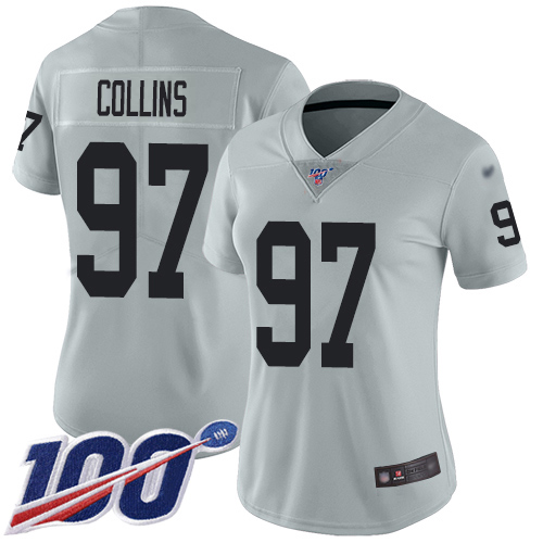 Las Vegas Raiders #97 Maliek Collins Silver Women's Stitched Limited Inverted Legend 100th Season Jersey Womens cheap jerseys for sale - CheapJerseys.Shop