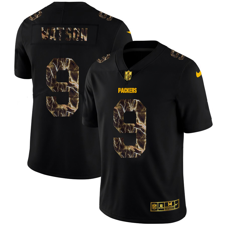 Green Bay Packers #9 Christian Watson Men's Black Flocked Lightning Vapor Limited Jersey cheap jerseys for sale - CheapJerseys.Shop