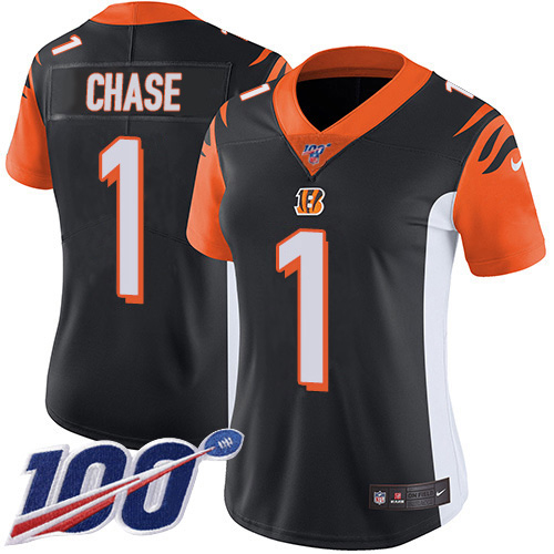 Bengals #1 Ja'Marr Chase Black Team Color Women's Stitched 100th Season Vapor Untouchable Limited Jersey cheap jerseys for sale - CheapJerseys.Shop