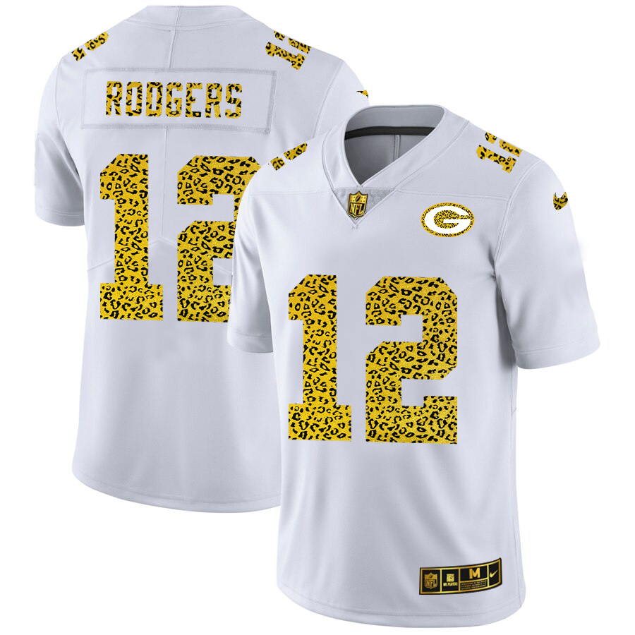 Green Bay Packers #12 Aaron Rodgers Men's Flocked Leopard Print Vapor Limited Jersey White cheap jerseys for sale - CheapJerseys.Shop