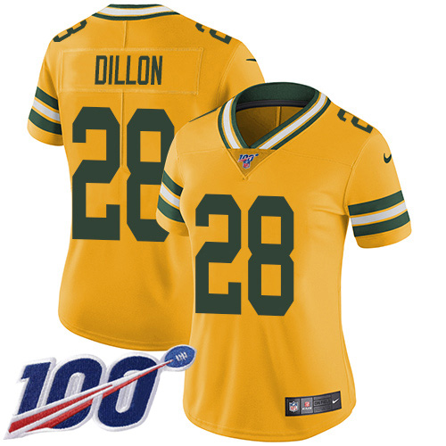 Packers #28 AJ Dillon Yellow Women's Stitched Limited Rush 100th Season Jersey cheap jerseys for sale - CheapJerseys.Shop
