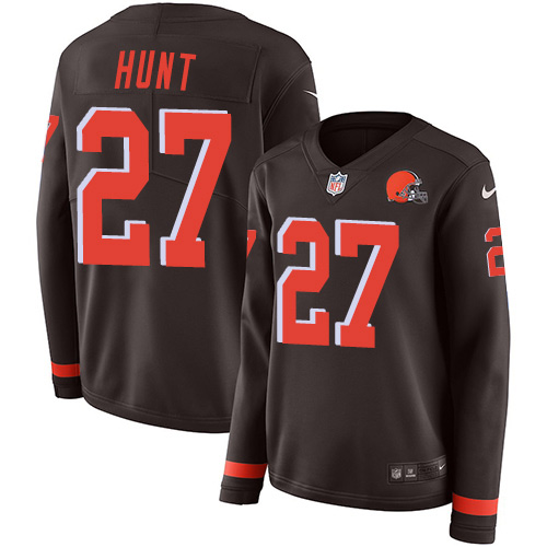 Cleveland Browns #27 Kareem Hunt Brown Team Color Women's Stitched Limited Therma Long Sleeve Jersey Womens cheap jerseys for sale - CheapJerseys.Shop