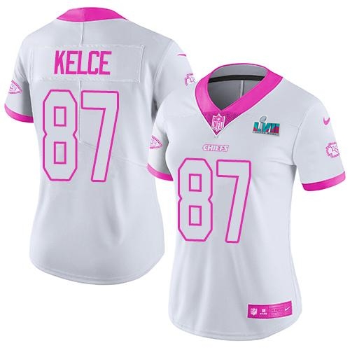 Chiefs #87 Travis Kelce White/Pink Super Bowl LVII Patch Women's Stitched Limited Rush Fashion Jersey cheap jerseys for sale - CheapJerseys.Shop