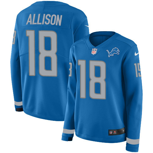 Detroit Lions #18 Geronimo Allison Blue Team Color Women's Stitched Limited Therma Long Sleeve Jersey Womens cheap jerseys for sale - CheapJerseys.Shop