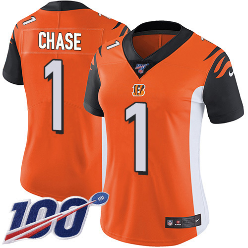 Bengals #1 Ja'Marr Chase Orange Alternate Women's Stitched 100th Season Vapor Untouchable Limited Jersey cheap jerseys for sale - CheapJerseys.Shop